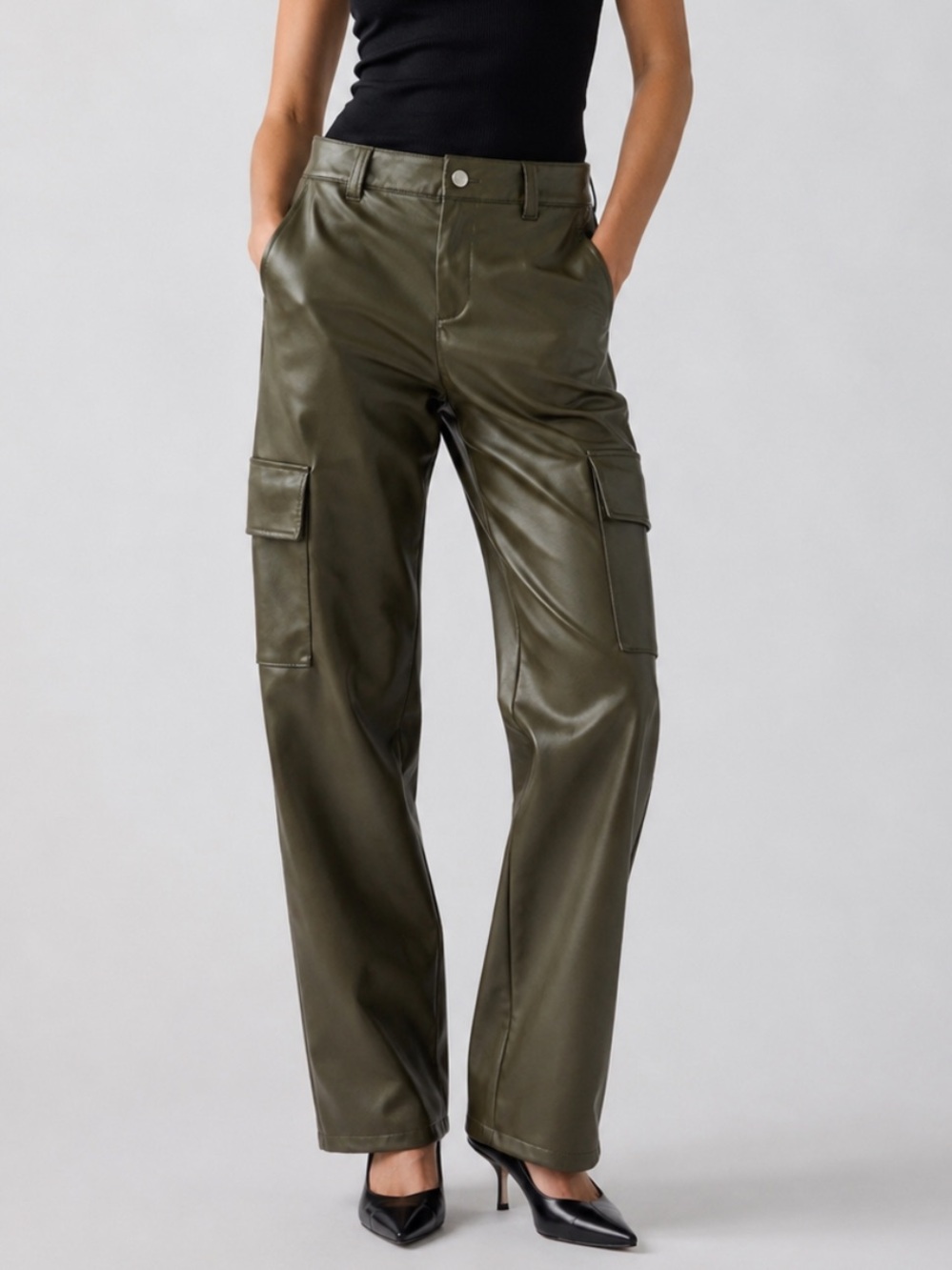 Zara Faux Leather Cargo Pants In Olive Green